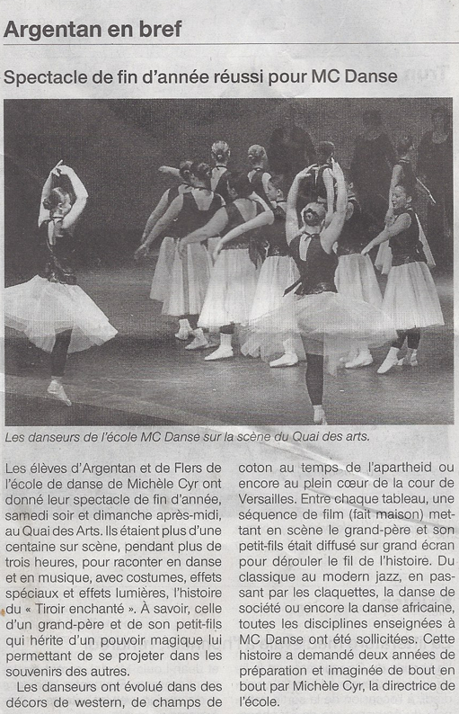 Spectacle de fin d'année réussi pour MC DANSE. Extrait du Ouest France du 03/07/2012